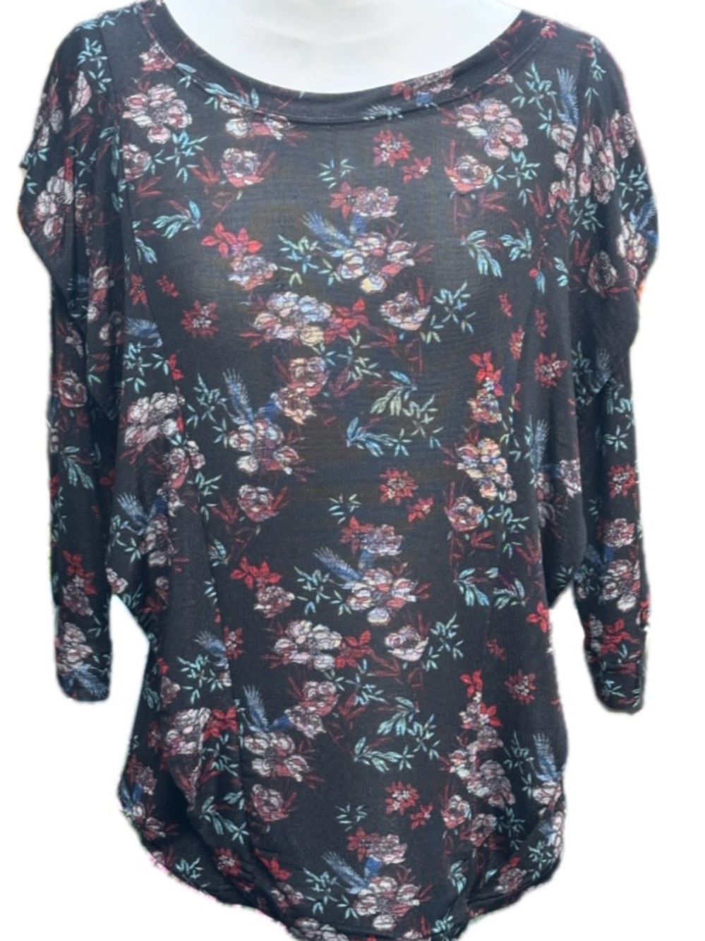 Free People Black Floral Ruffle Three-Quarter Length Sleeve Tee